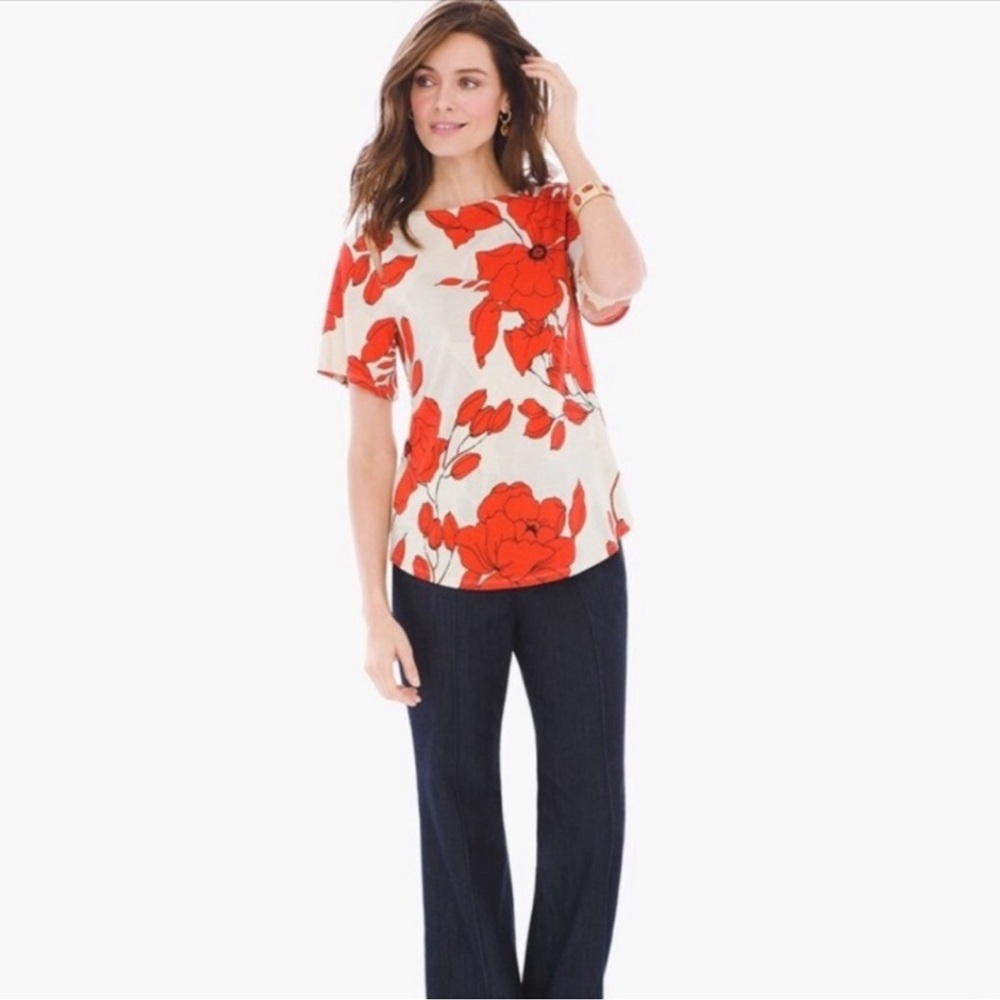 Chico's Ivory Orange Floral Pattern Peek-a-Boo Short Sleeves Blouse